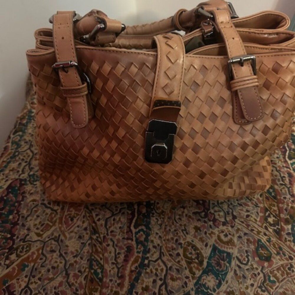 MC Collection Brown Woven faux leather tote bag
